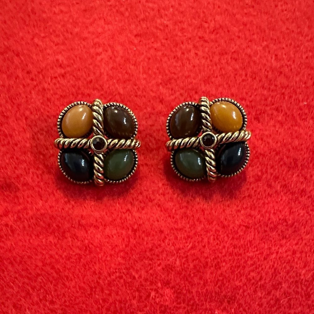 Joan Rivers Vintage Stamped Gold Braided Elegant Multicolor Stone Earrings